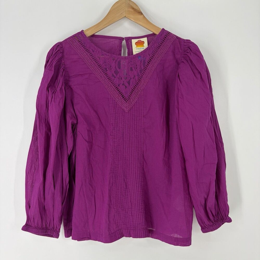 Farm Rio x Anthropologie Kelsie Peasant Blouse Size Small Magenta Cottagecore